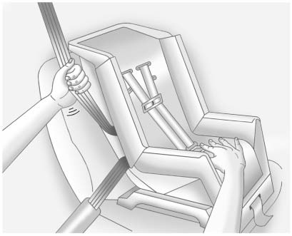 6. To tighten the belt, push down on the child restraint, pull the shoulder portion of the belt to tighten the lap portion of the belt, and feed the shoulder belt back into the retractor. When installing a forward-facing child restraint, it may be helpful to use your knee to push down on the child restraint as you tighten the belt.