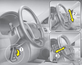 To change the steering wheel angle, pull down the lock release lever (1), adjust