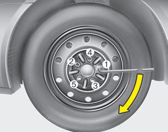 Then position the wrench as shown in the drawing and tighten the wheel nuts.