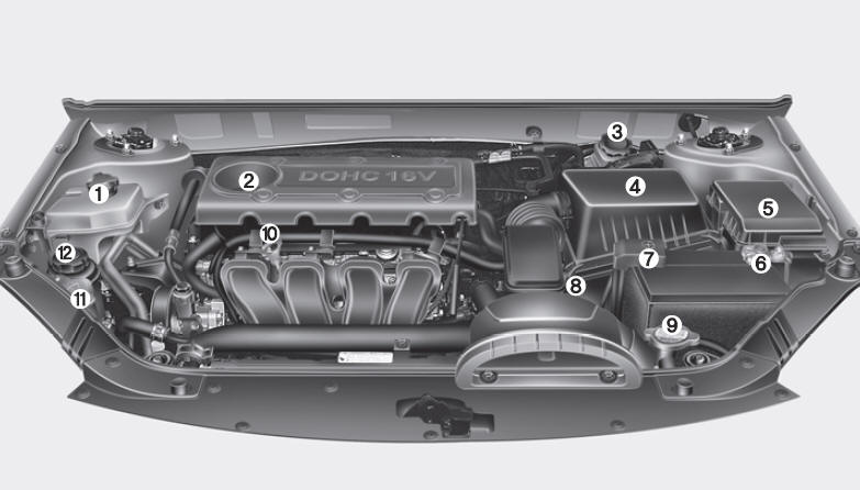 (2.4L) 1. Engine coolant reservoir 2. Engine oil filler cap 3. Brake fluid reservoir