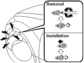 3. Turn the center section of the plastic retainers counterclockwise and remove