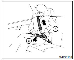 Position the lap belt portion low and snug on the hips as shown.