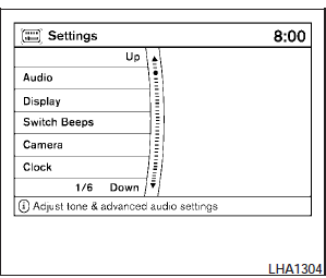 When the SETTING button is pressed, the Settings screen will appear on the display.