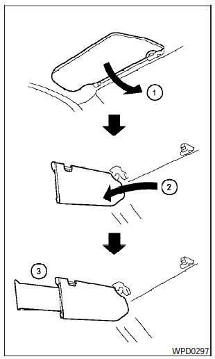 (1) To block glare from the front, swing down the main sun visor.