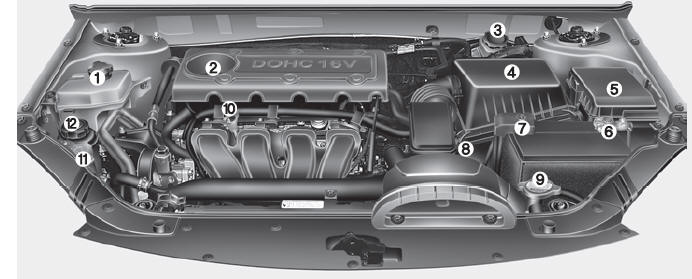 (2.4L) 1. Engine coolant reservoir 2. Engine oil filler cap 3. Brake fluid reservoir